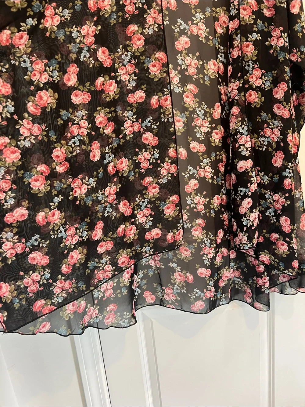 Honeyme Black Sheer Floral Kimono with Pink Roses - Picture 3 of 5